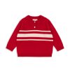 Červený vlněný svetřík s límečkem a bílými proužky na hrudníku od Konges Sløjd