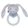Chrastítko ve tvaru králíčka v modré barvě se silikonovým kroužkem pro zklidnění bolavých dásní miminka