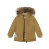 Technicky špičková bunda na zimu pro děti v okrové barvě od značky Mini A Ture - s kožíškem na kapuci
