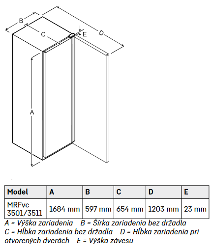 Rozmery chladničky MRFvc 3501 a 3511