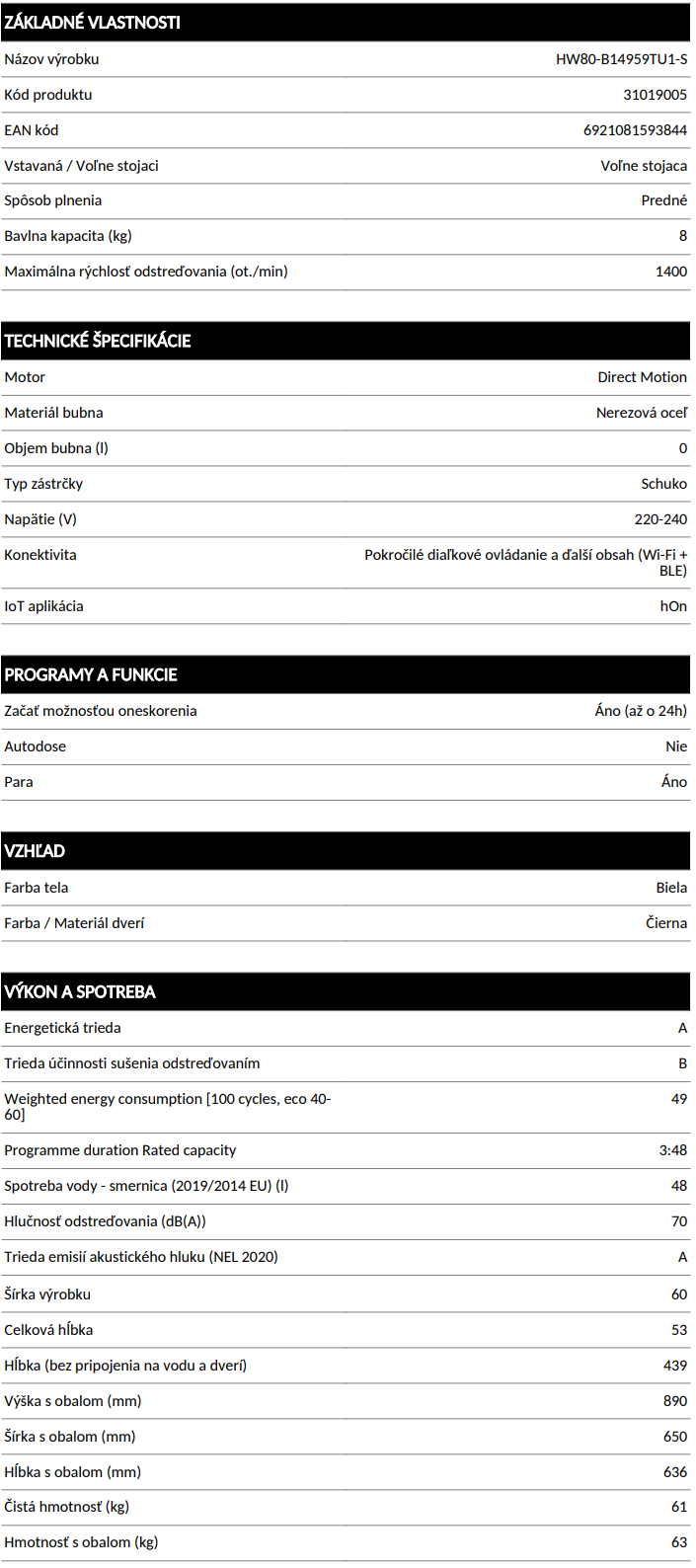 HAIER HW80-B14959TU1 - parametre práčky