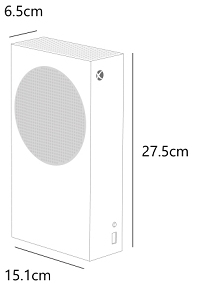 Nákres konzoly Xbox Series S znázorňujúci rozmery konzoly Xbox Series S: výška: 27,5 cm, šírka: 15,1 cm, hĺbka: 6,5 cm