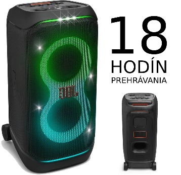 JBL PARTYBOX STAGE 320 - Párty od súmraku do úsvitu s až 18 hodinami prehrávania na jedno nabitie. A ak to nestačí, jednoducho vymeňte vymeniteľnú batériu* a tancujte ďalej. Alebo ak potrebujete ďalšiu podporu, 10 minút rýchleho nabíjania vám poskytne ďalšie 2 hodiny prehrávania.