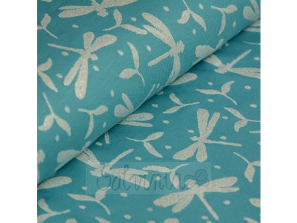 Úplet bio bavlna- třpytivé vážky na tyrkysové