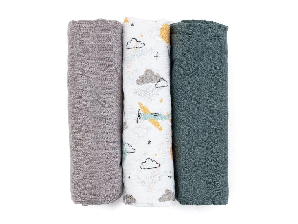 Petite Mars Sada plen bambus mušelín 3ks Moussy Grey Planes