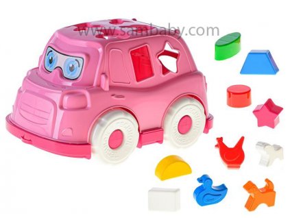 Mikro Trading Auto/vkládačka 25,5cm 2v1 geometrické tvary a zvířátka - barva růžová