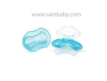 Babyono Kousátko silikonový bez BPA ve tvaru dudlíku s krytem modrá 3m+