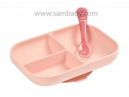 Beaba talíř silikonový dělený s přísavkou+lžička Pink