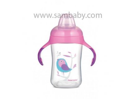 Canpol babies Tréninkový hrníček se silikonovým pítkem Ptáčci 300 ml růžový