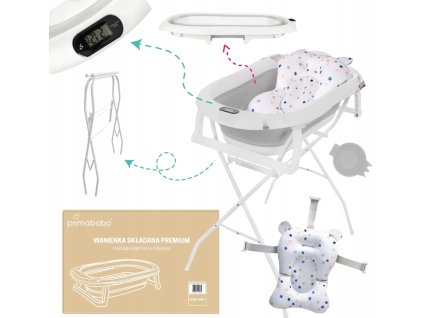 MY Baby skládací vanička s teploměrem -šedá+ bílý stojan a měkké lehátko