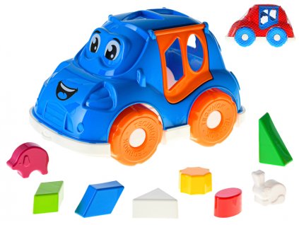 Auto/vkládačka 25,5cm 2v1 geometrické tvary a zvířátka modré