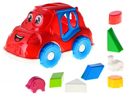 Auto/vkládačka 25,5cm 2v1 geometrické tvary a zvířátka červené