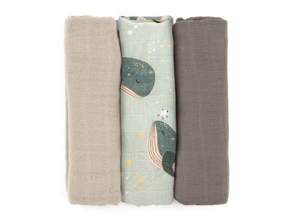 Petite Mars Sada plen bambusová mušelínová 3ks Moussy Whale Song 68 x 68 cm