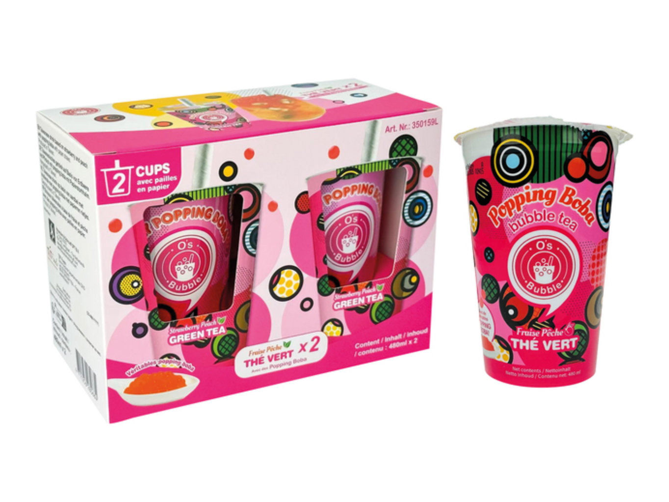 O's bubble Boba Bubble Tea Jahoda & Broskev 480ml - 2 pack