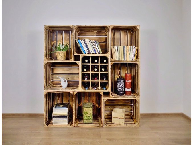 Dřevěná bedýnka knihovna s vinotékou 130x140x30cm