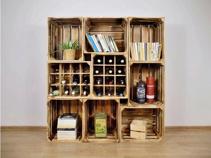 Dřevěná bedýnka knihovna s vinotékami 130x140x30cm