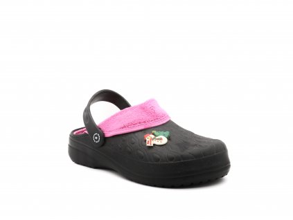 Dámské clogsy s kožíškem černé/růžové 9968