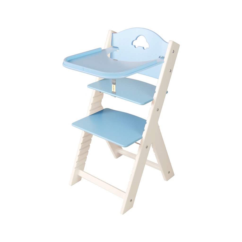 Dětská dřevěná jídelní židlička Sedees bílá - modrá s autíčkem