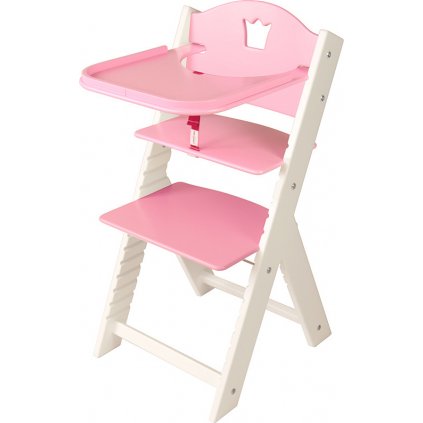 Dětská dřevěná jídelní židlička Sedees bílá - růžová s korunkou