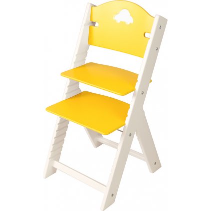 Dětská dřevěná rostoucí židle Sedees bílá - žlutá s autíčkem