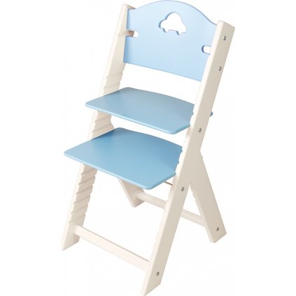 Dětská dřevěná rostoucí židle Sedees bílá - modrá s autíčkem