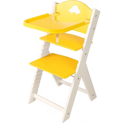 Dětská dřevěná jídelní židlička Sedees bílá - žlutá s autíčkem