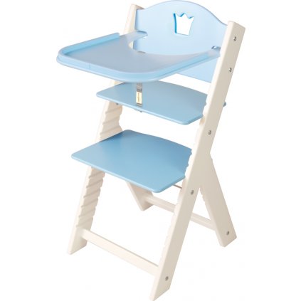 Dětská dřevěná jídelní židlička Sedees bílá - modrá s korunkou