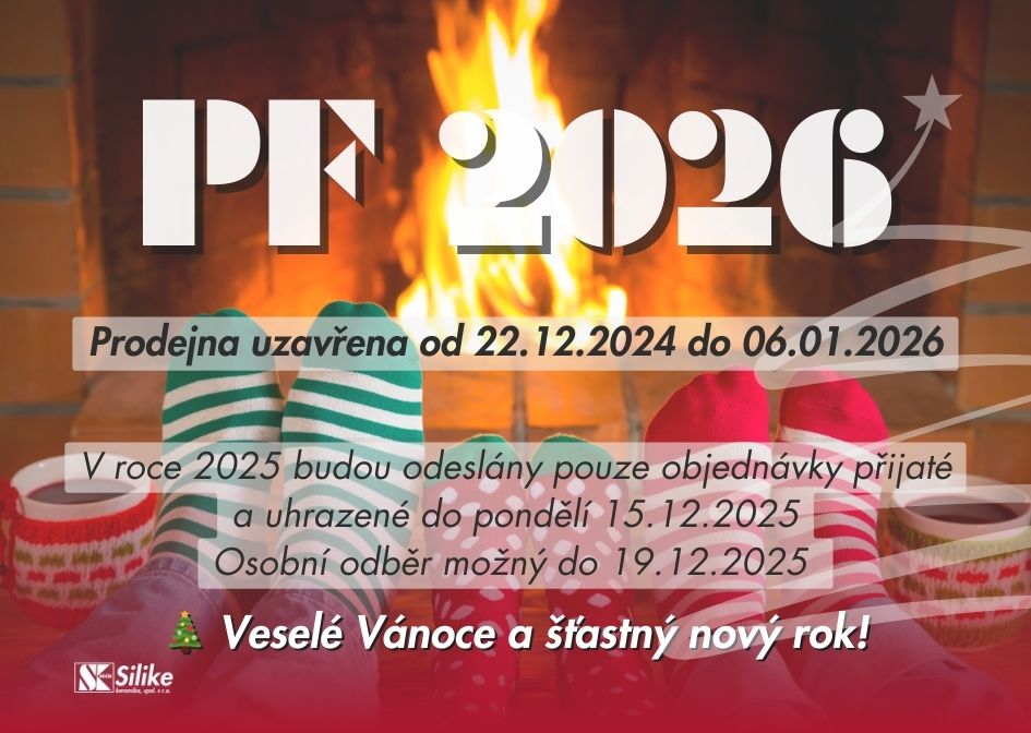 Vánoční banner firmy Silike Keramika s přáním PF 2026, oznámením o uzavření prodejny a zimním motivem nohou v barevných ponožkách u krbu. Firemní vánoční přání a informační grafika Silike zaměřené na keramiku, šamot a žáruvzdorné materiály.