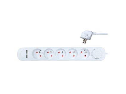 Solight predlžovací prívod, 5 zásuviek, USB 2.4A, biely, 3 x 1mm2, vypínač, 2m