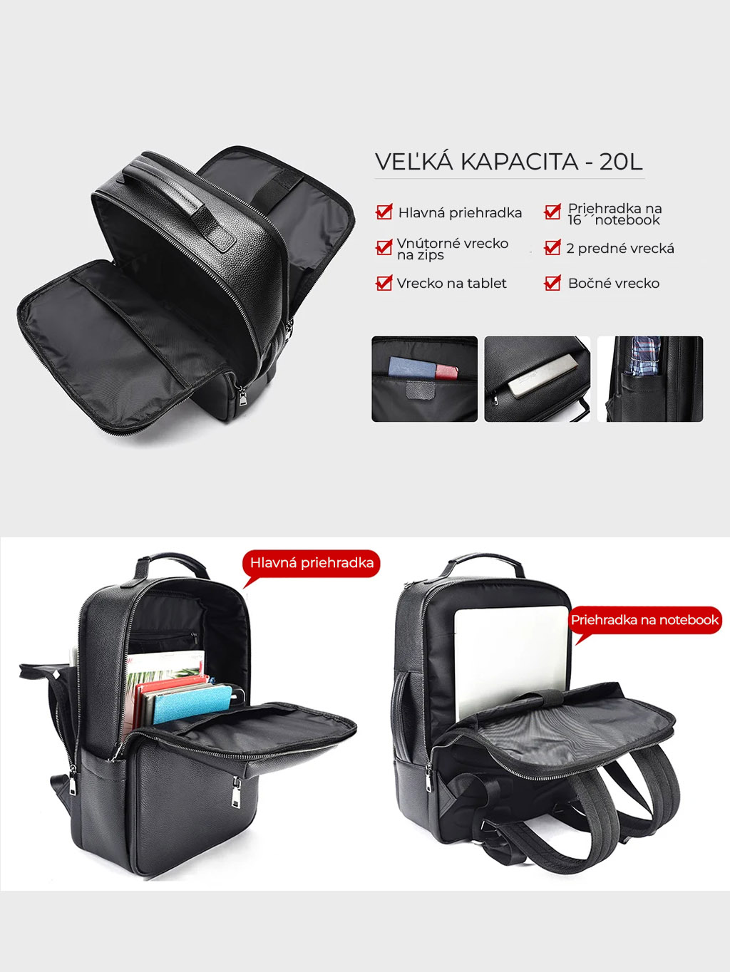 Polstrovaná priehradka na 16 palcový notebook v koženom business batohu