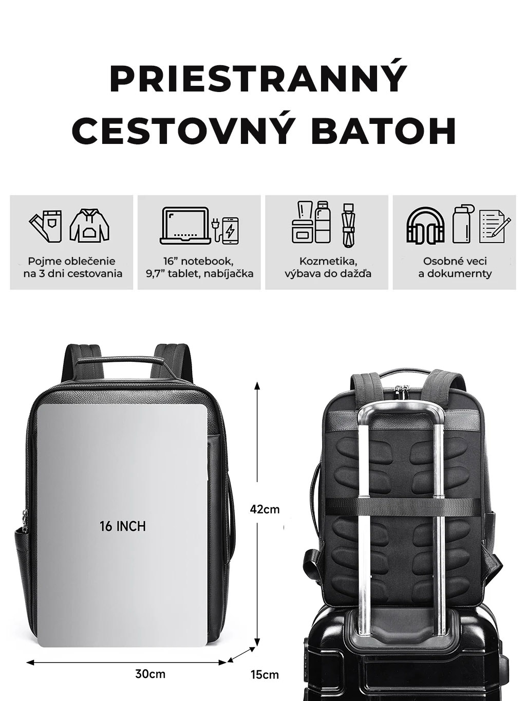 Organizovaný interiér koženého batohu na notebook