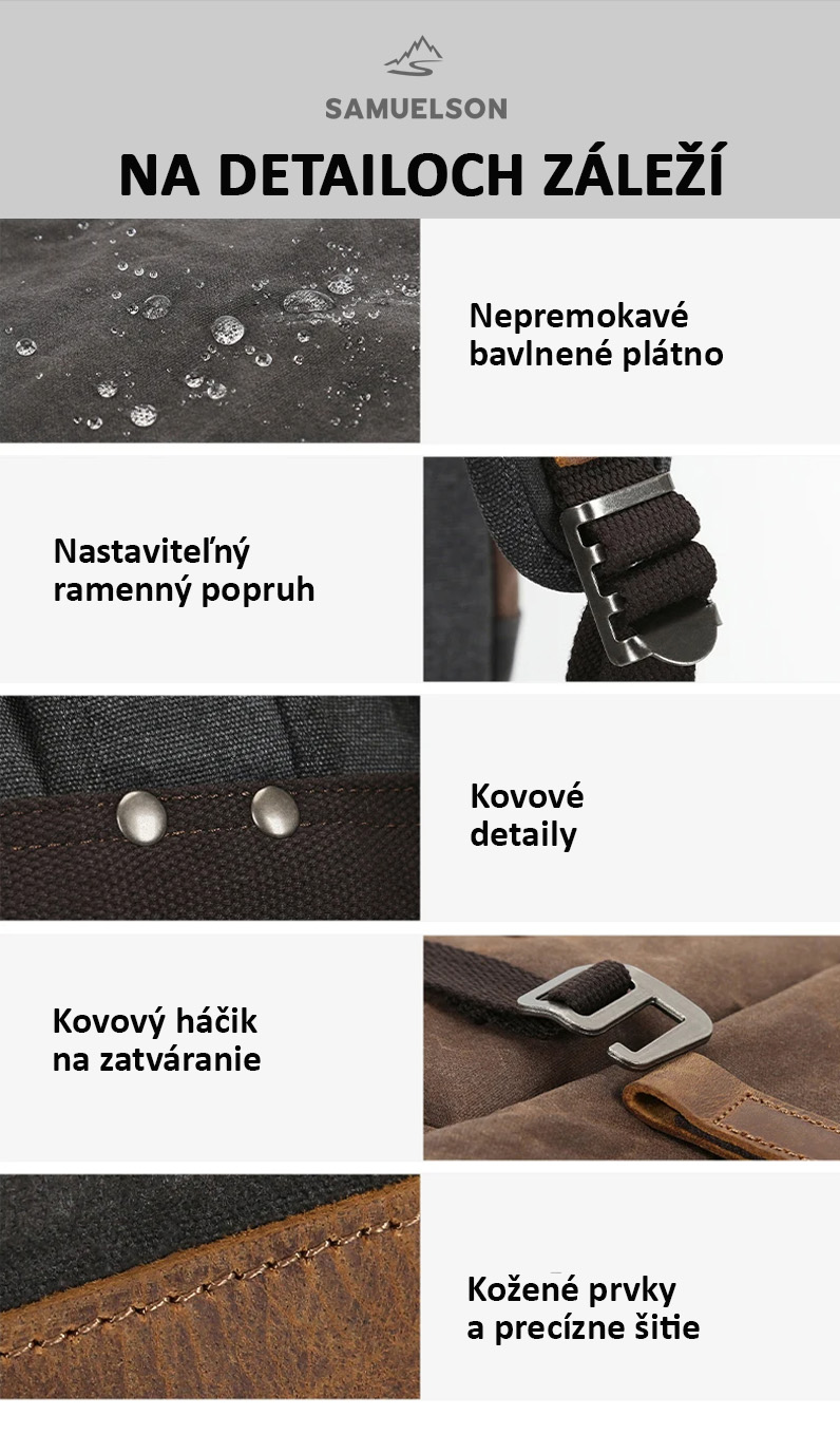 detail pánskeho mestského batohu - kvalitný materiál a premyslené detaily