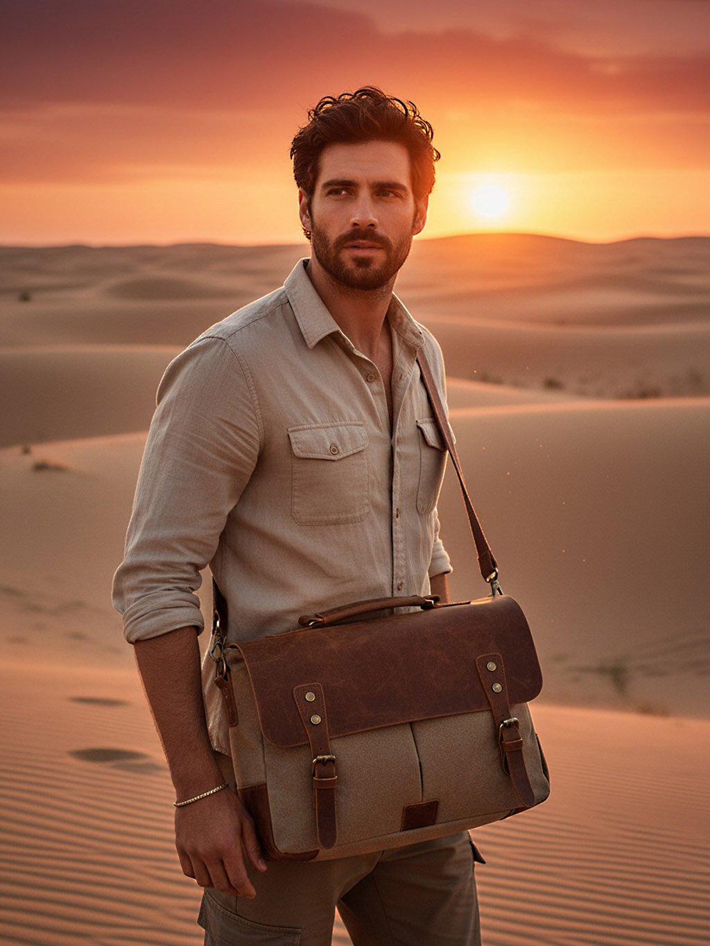 Pánska taška na notebook hnedá z bavlneného plátna a kože