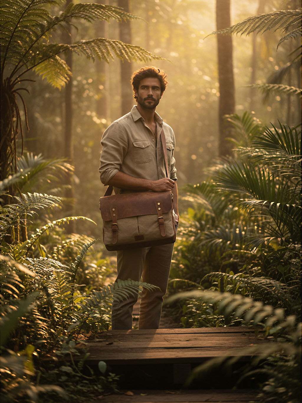 Pán nosí vintage hnedú tašku na notebook cez rameno 