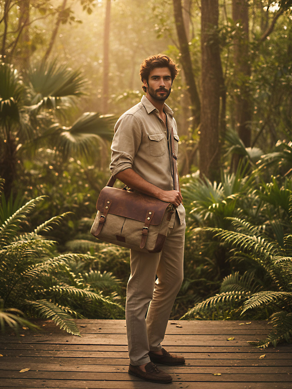 Muž nosí vintage hnedú tašku na notebook cez rameno – pánska kožená taška cez rameno