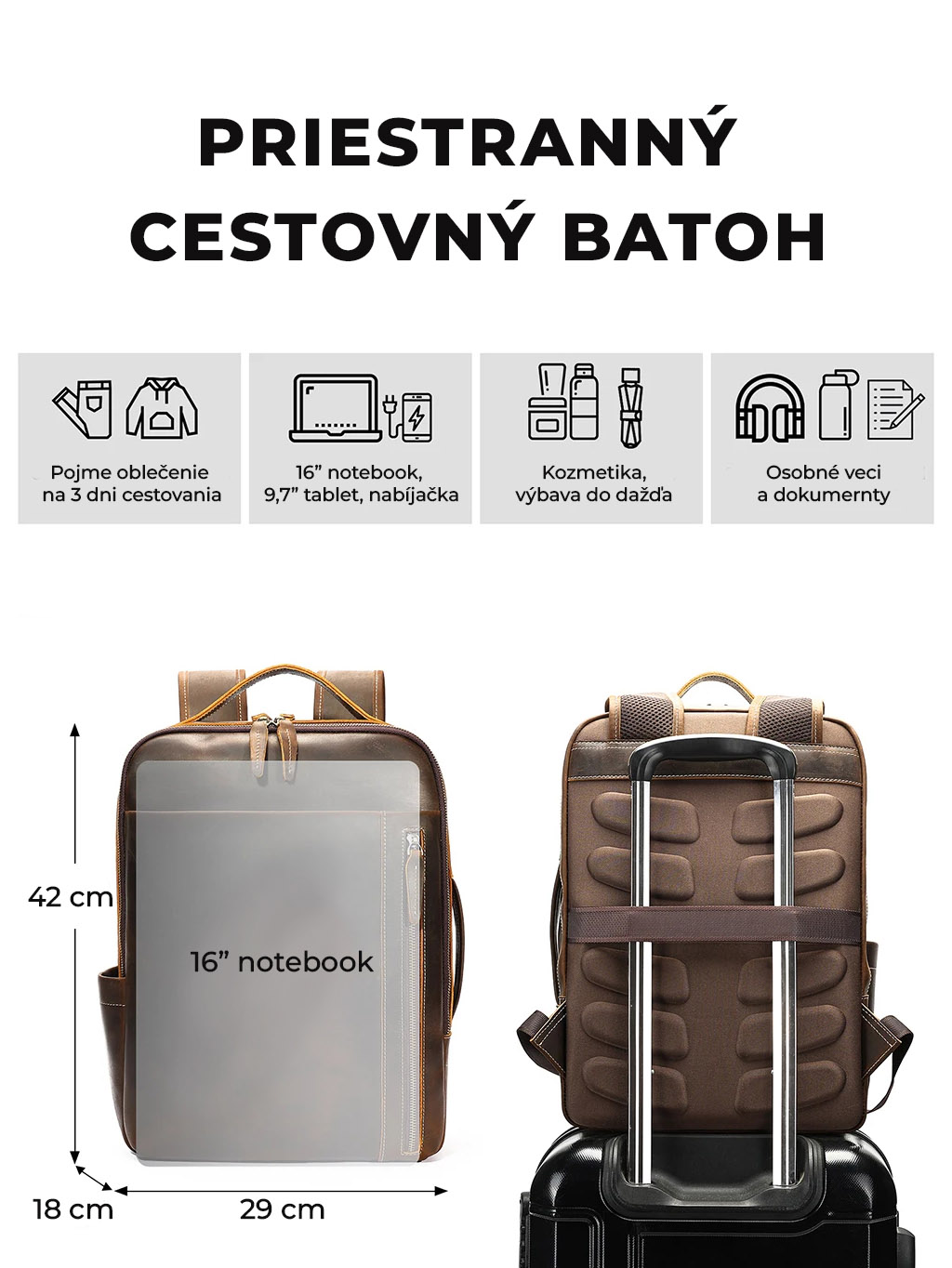 Hnedý pánsky kožený cestovný batoh Fjord 20L