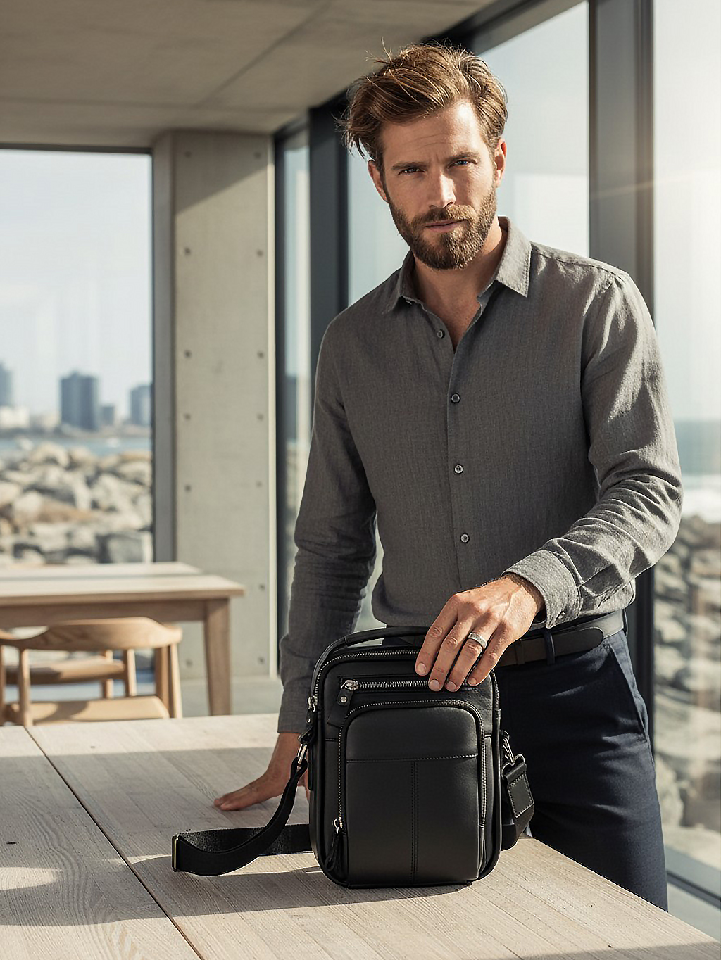 Čierna pánska crossbody taška z hovädzej kože