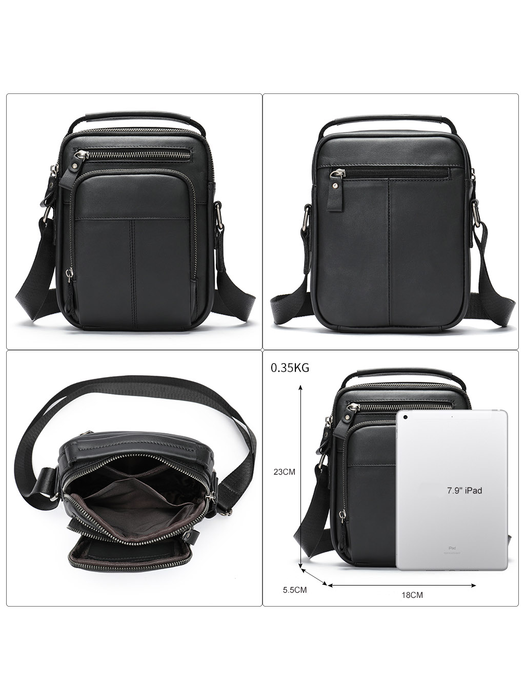 Čierna pánska crossbody taška z hovädzej kože detail