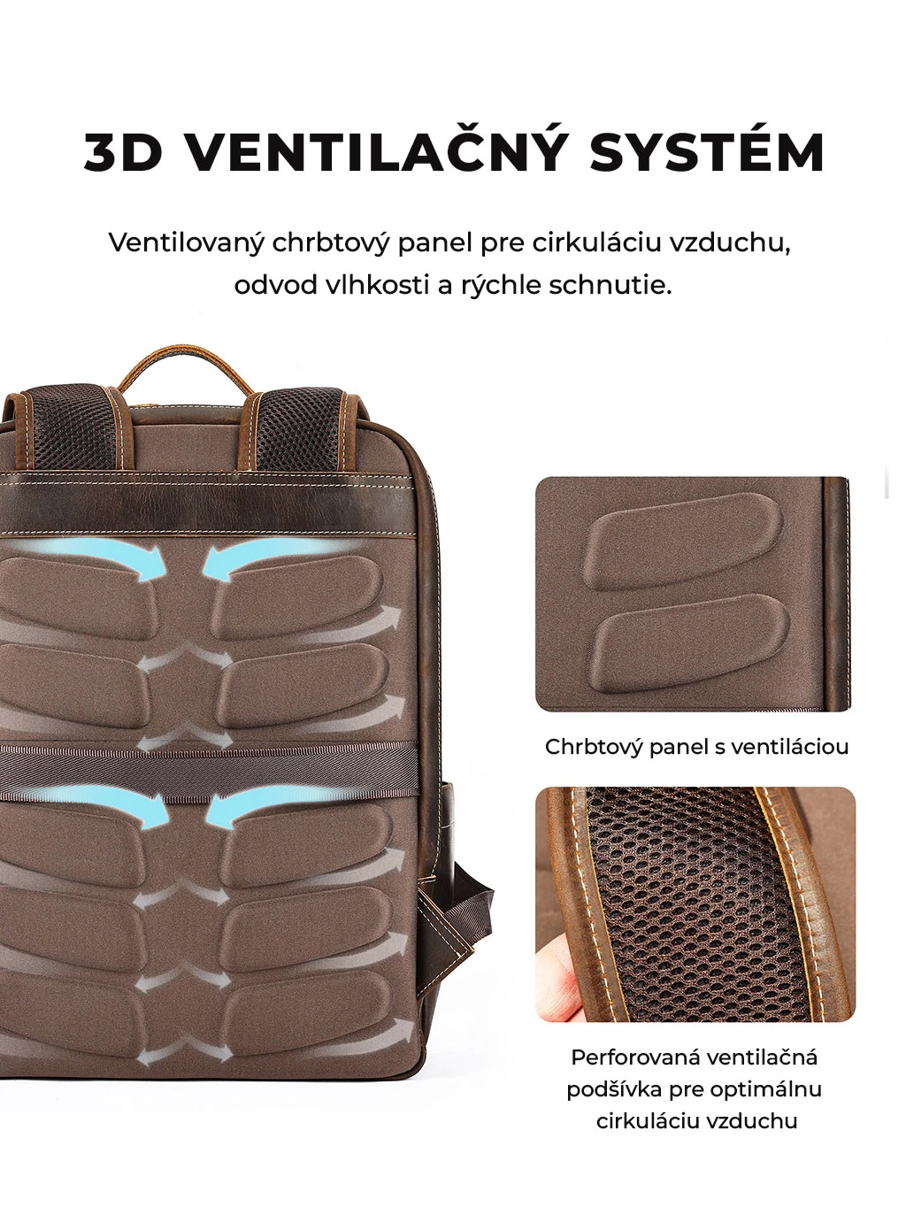 Ergonomický chrbtový systém koženého batohu na notebook