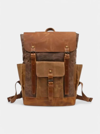 pánsky batoh turistický hnedý z voskovaného plátna a kože