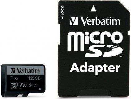 Paměťová karta Verbatim Pro microSDXC 128GB UHS-I V30 U3 (90R/45W) + adaptér