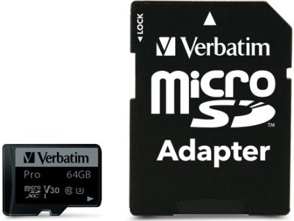 Paměťová karta Verbatim Pro microSDXC 64GB UHS-I V30 U3 (90R/45W) + adaptér