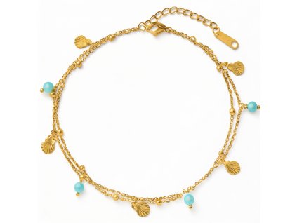 Minimalist Gold Anklet with Turquoise Stone & Seashell Charms