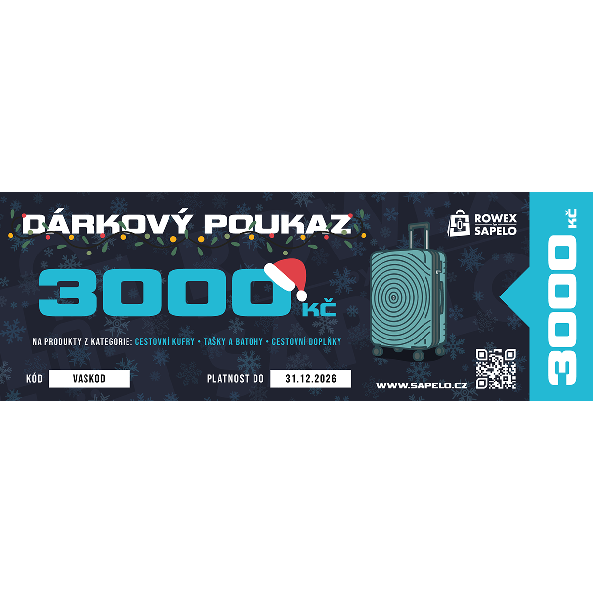 Voucher na nákup cestovních kufrů na Sapelo.cz Hodnota: 3 000 Kč