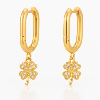 nausnice-ve-zlate-barve-s-priveskem-ve-tvaru-ctyrlistku-zdobenym-zirkony-s1235