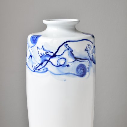 Porcelánová váza kobaltová velká - Kočky