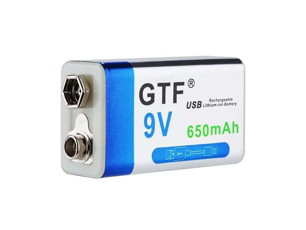 Nabíjecí baterie Li-ion 9V 650mAh 6F22, GTF, napájení USB -  www.satelitneprijimace.sk