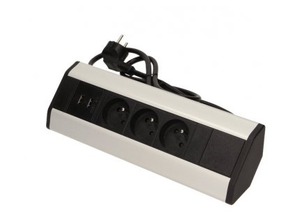 Povrchová zásuvka, rohové púzdro ORNO OR-AE-1360, 3x zásuvka, 2x USB, farba čierno-strieborná, kábel 1,8 m