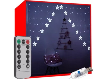 Vianočný svetelný záves hviezdy 136 LED, 1,2 W studená biela 5,35 m, IP44, USB