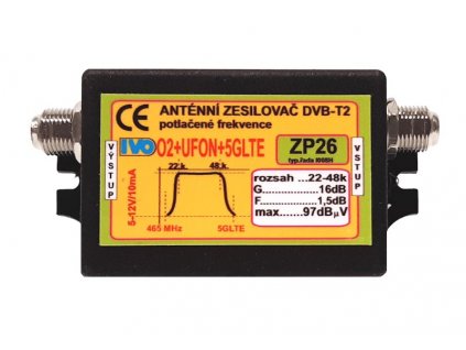 Ivo ZP26-X DVB-T2 zesilovač 16dB (5-12V) / 22-48.k / O2+UFON+5G LTE